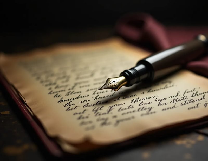 close-up of handwritten performance notes and a fountain pen