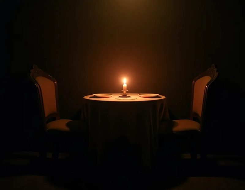 a small candlelit table set for a private sitting, empty chairs waiting