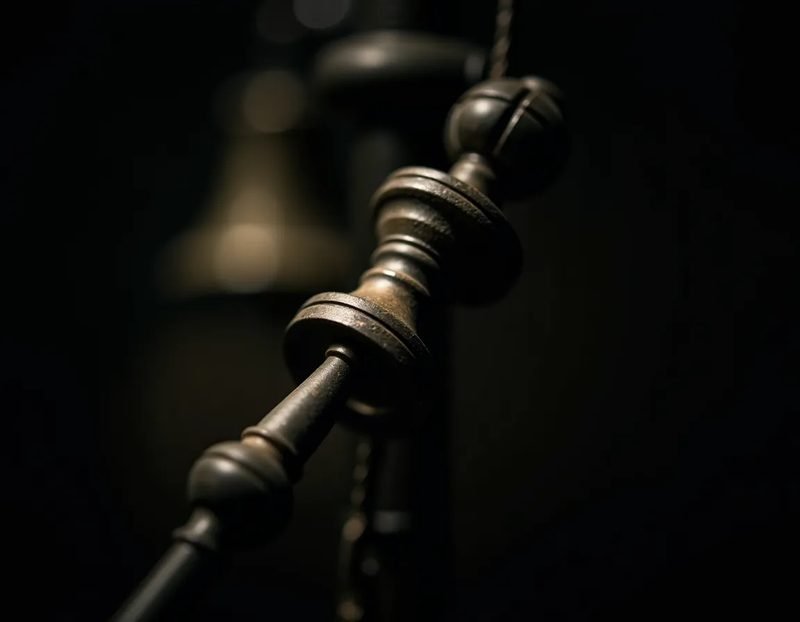 close-up of a bell stand mechanism, gimbal and hidden thread detail