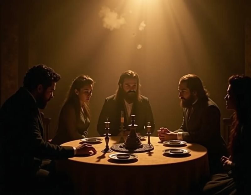 sepia-toned photo recreation of a Victorian séance circle around a table
