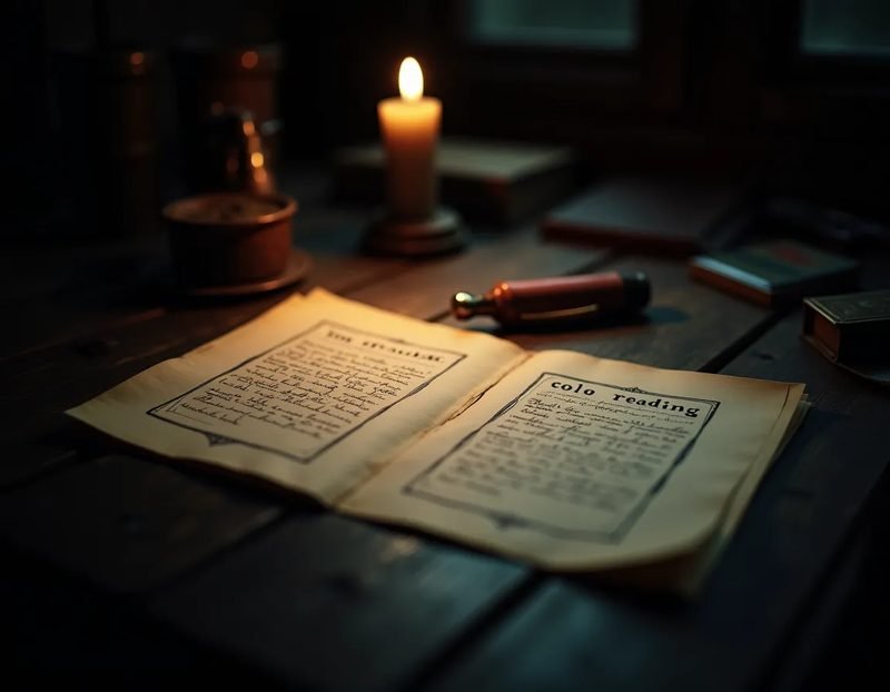 Handwritten notes or index cards with cold reading statements, moody desk lighting