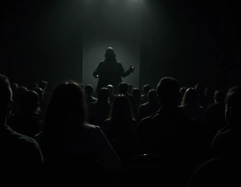 an audience seated in dim light, faces turned toward an unseen performer, candid and atmospheric