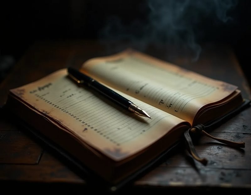 a weathered ledger or journal open on a table, ink pen resting across the page