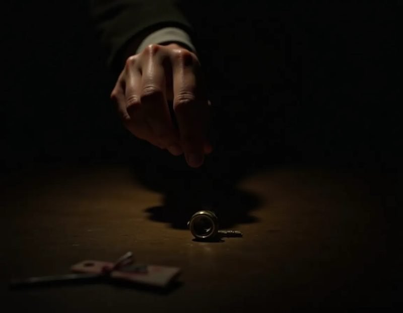 Close-up of a performer's hand placing a small object, like a sealed envelope or old key, on a table early in a routine