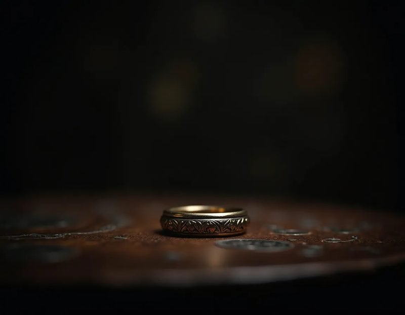 A vintage ring on a dark wood table, softly lit, evocative of a personal artifact used in a reading