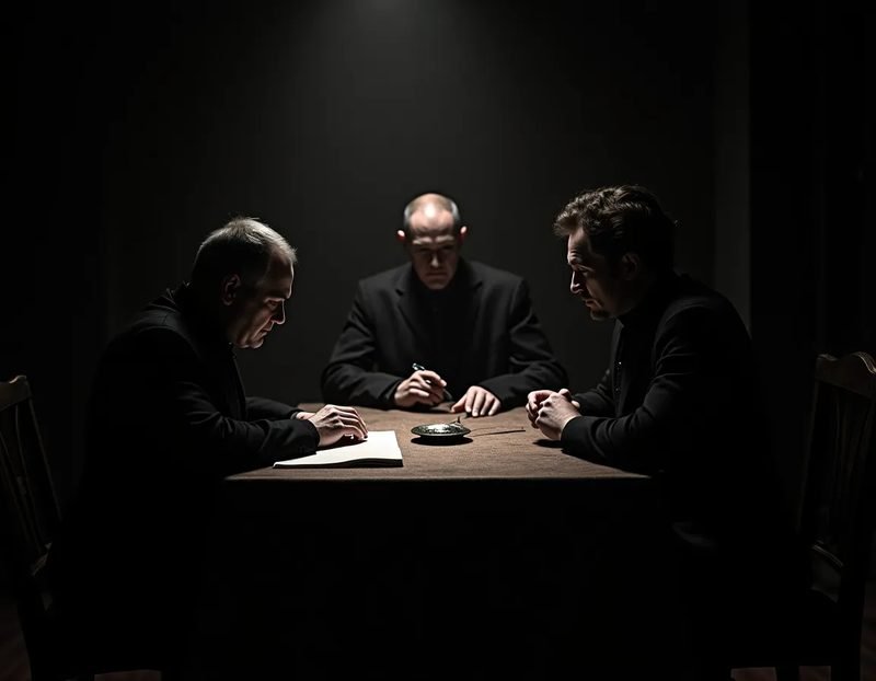Period illustration of a formal investigative committee seated around a table examining a medium's props
