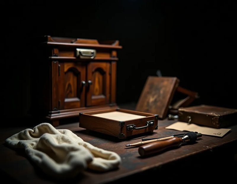 workbench with conservation tools, cotton gloves, and a partially disassembled antique cabinet