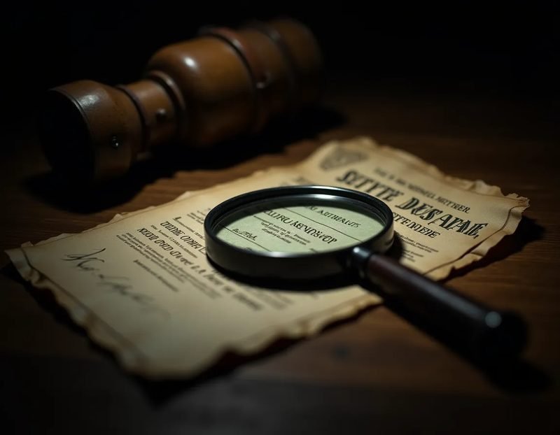 magnifying glass over an old provenance letter or auction tag beside an antique object