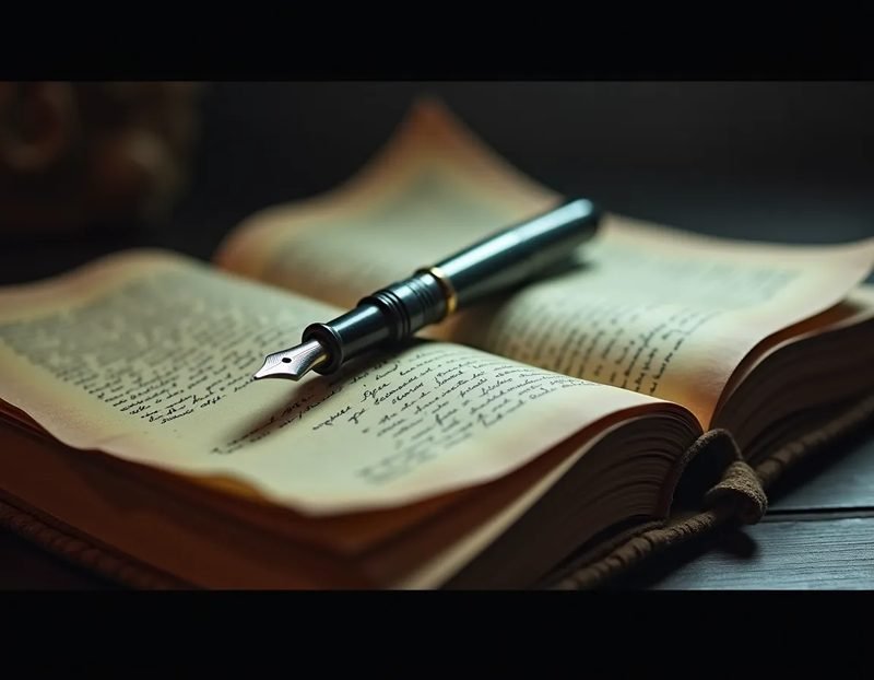 Close-up of a weathered leather journal, open, with a fountain pen resting across a handwritten page