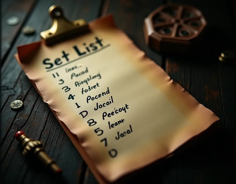 A hand-drawn set list on index card stock with pencil marks showing peaks and dips between effect names