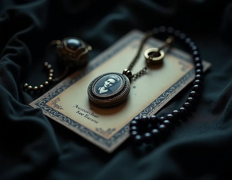 flat lay of a mourning ring, a portrait locket, a memorial card with a black border, and a small jet bead necklace