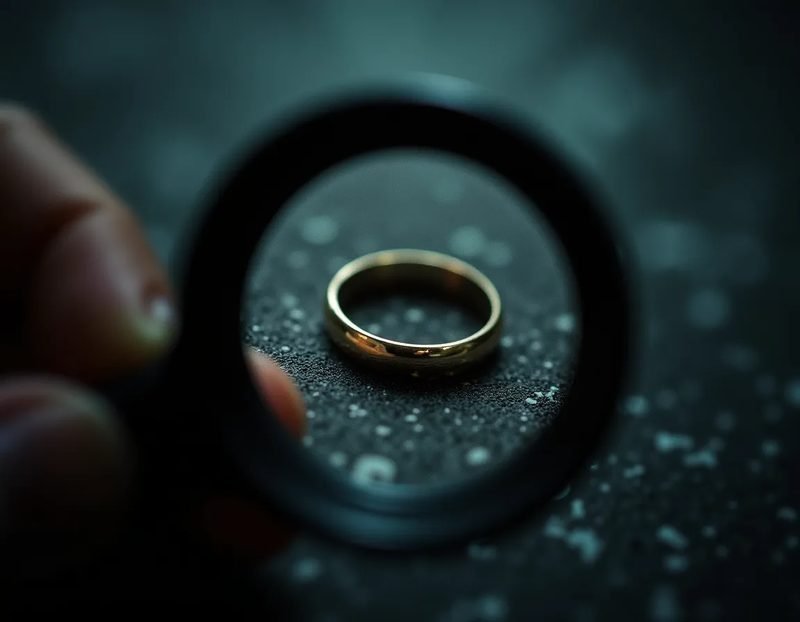 close-up of a loupe examining the inside of a mourning ring band for hallmarks and engraving
