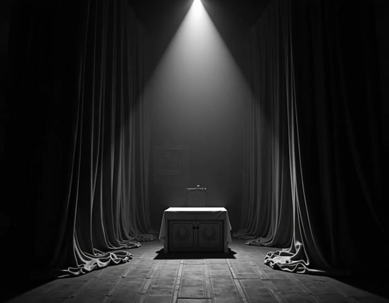 black and white photo of a stage with a curtained cabinet, a table, and a hanging sheet