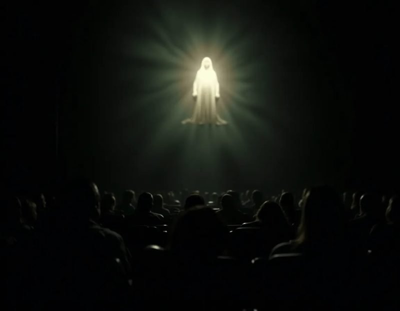 a dark theatre interior with the house lights out and a faint glowing figure over the audience
