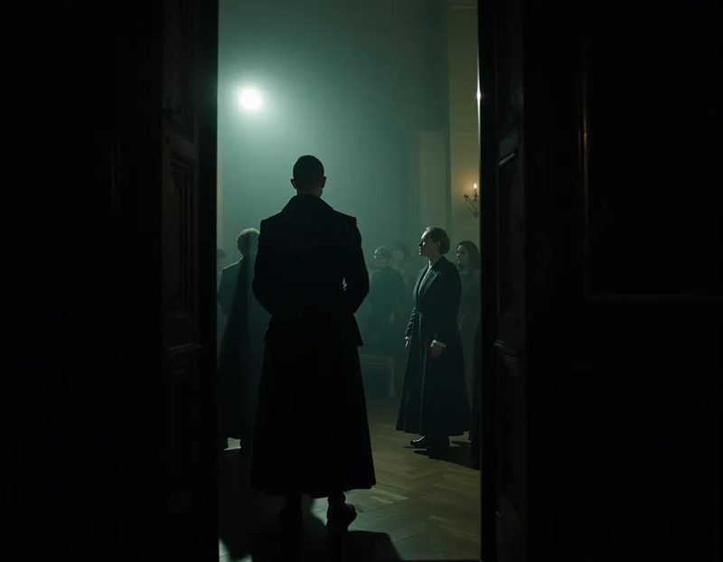 A performer's view from the doorway, guests arriving and taking seats in a dim parlor, coats still on