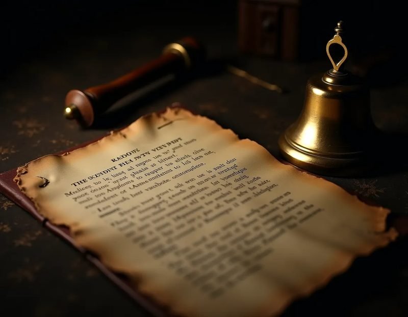 A well-worn performance script with pencil edits and a struck-through section, beside a brass bell