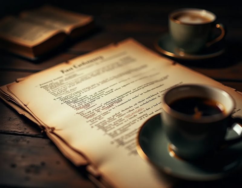 Handwritten script pages with pencil edits and crossed-out phrases beside a coffee cup