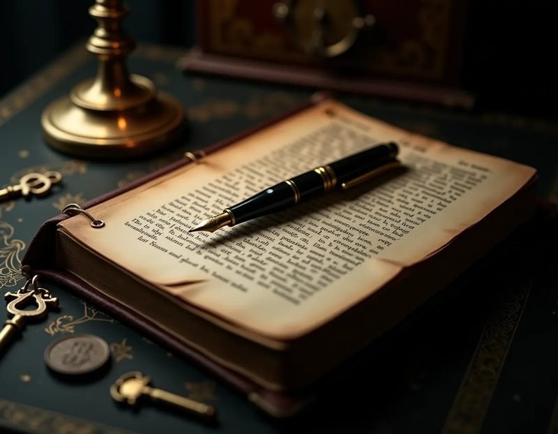 A well-worn lecture notes booklet open on a desk with a fountain pen and a brass key