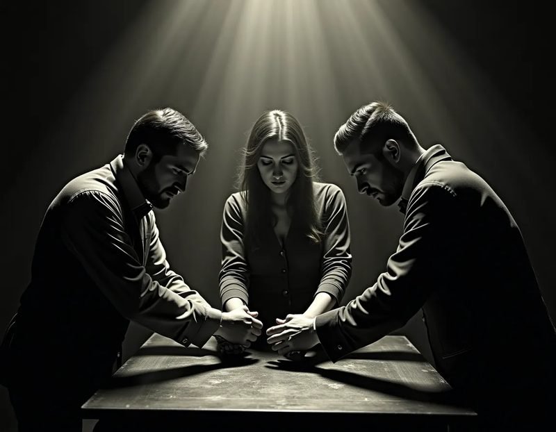 Vintage illustration of two men gripping a medium's wrists on either side of a dark séance table