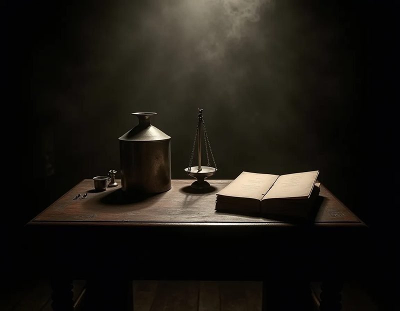 Antique photograph of a Paris laboratory table with scales, a cabinet curtain, and notebooks