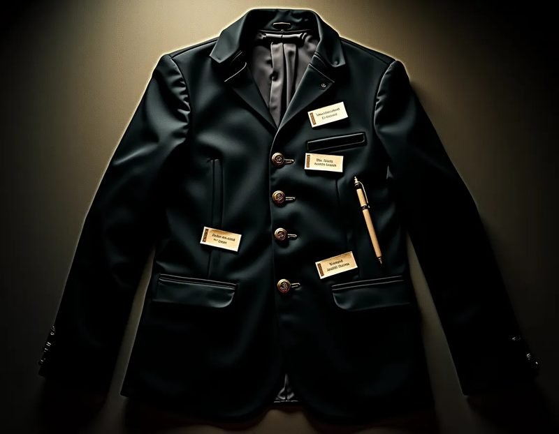 Overhead shot of a jacket interior laid flat, each pocket labeled with small paper tags and a pen beside it