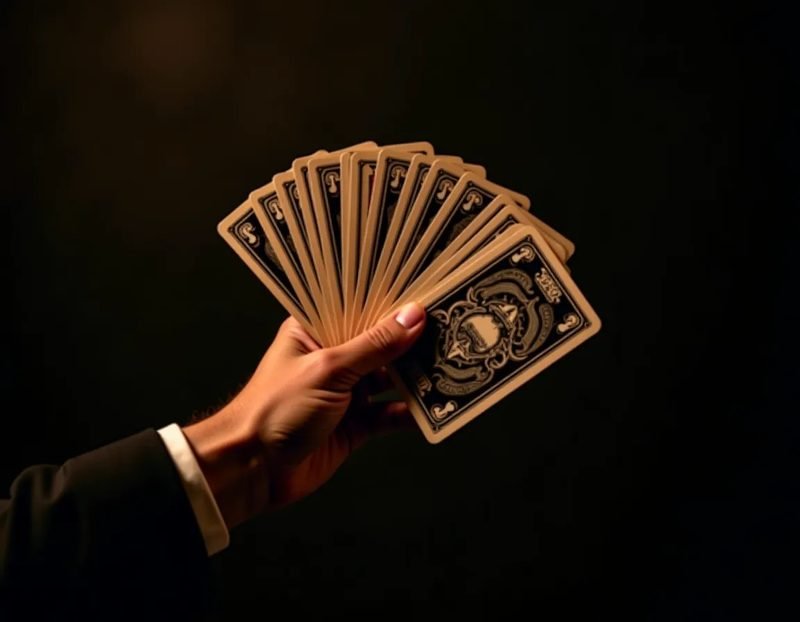 A hand fanning tarot cards with one card slightly proud, warm side lighting