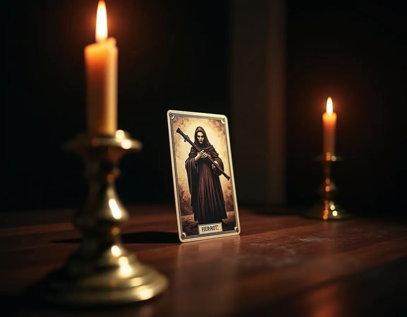 The Hermit card propped against a brass candlestick, shallow depth of field
