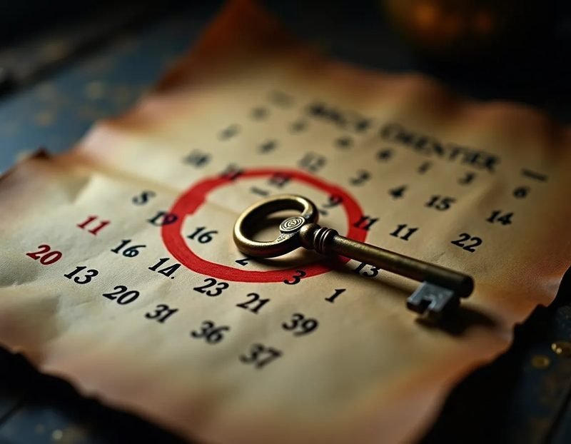 A paper calendar with one evening circled in red ink and a small brass key resting on the date