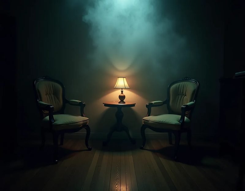 A dimly lit living room set for an intimate performance, a small table with a single lamp and chairs in a horseshoe