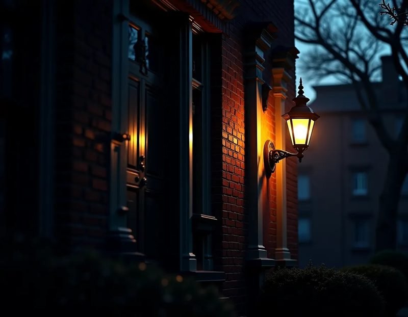Brick Beacon Hill townhouse at dusk, gaslight-style lamp glowing beside the door