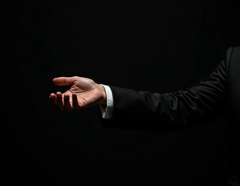 Close-up of a performer's fingertips hovering an inch from a spectator's sleeve in a dark room