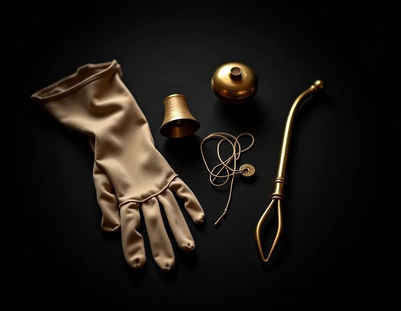 Flat-lay of vintage séance-era gimmicks: a thin thread spool, a small bell, a rubber glove, and a brass reaching rod