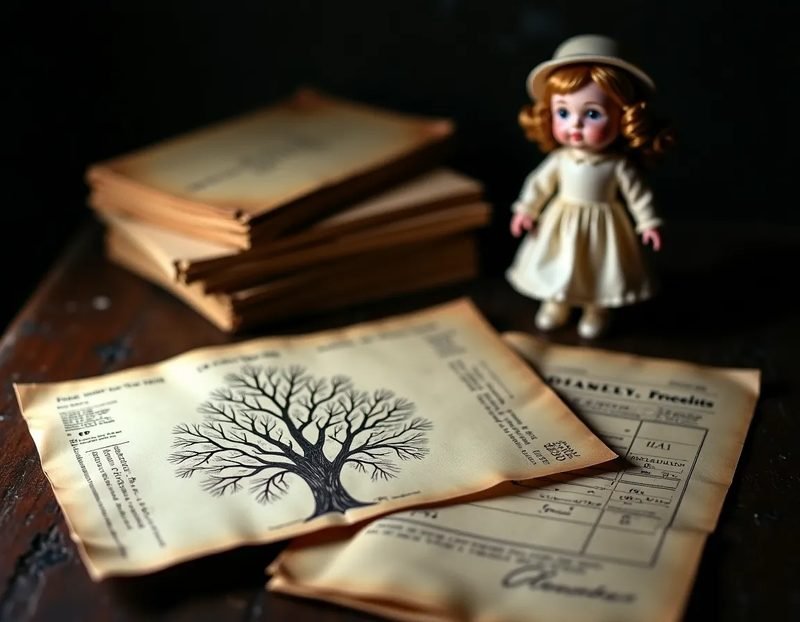 A stack of old receipts, a hand-drawn family tree, and a folded letter arranged beside a small porcelain doll