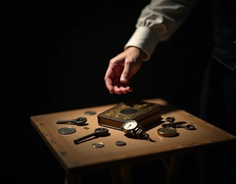 A folding table on stage holding a scatter of ordinary objects: a key, a wristwatch, a coin, a paperback, with a spectat