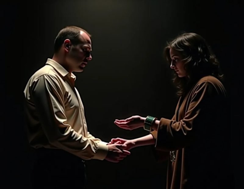 A performer in shirtsleeves speaking quietly with a volunteer at the lip of the stage, the volunteer's hand extended tow