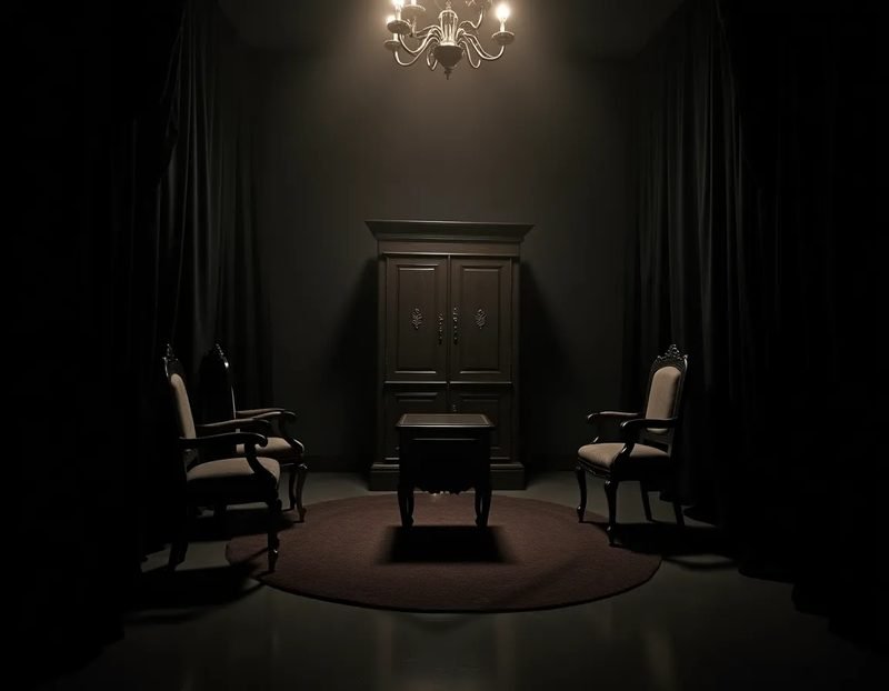 Period photograph of a Victorian seance room with heavy drapery, cabinet, small table, chairs arranged in circle