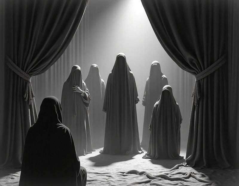 Historical engraving showing a materialization seance with shrouded figures emerging from curtains, shocked observers in