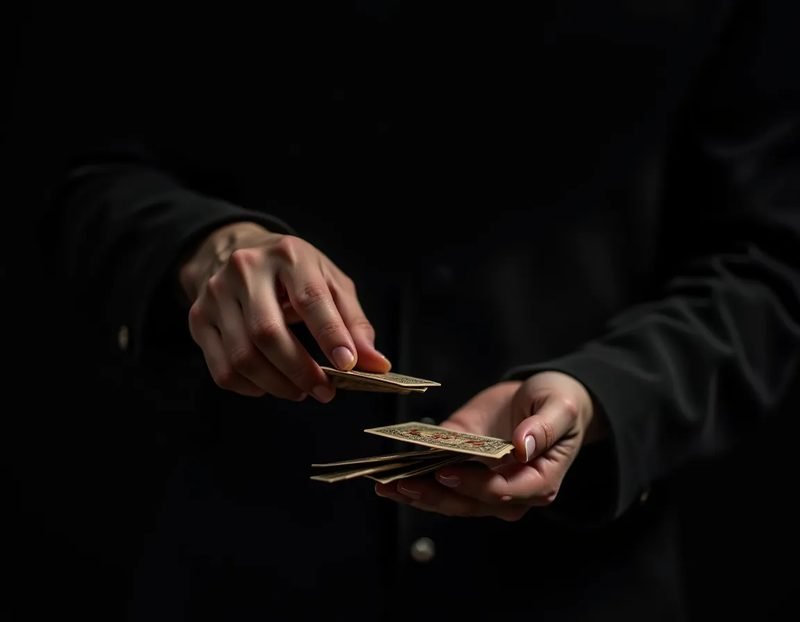 A performer's hands handling cards or objects, but the real method happened earlier
