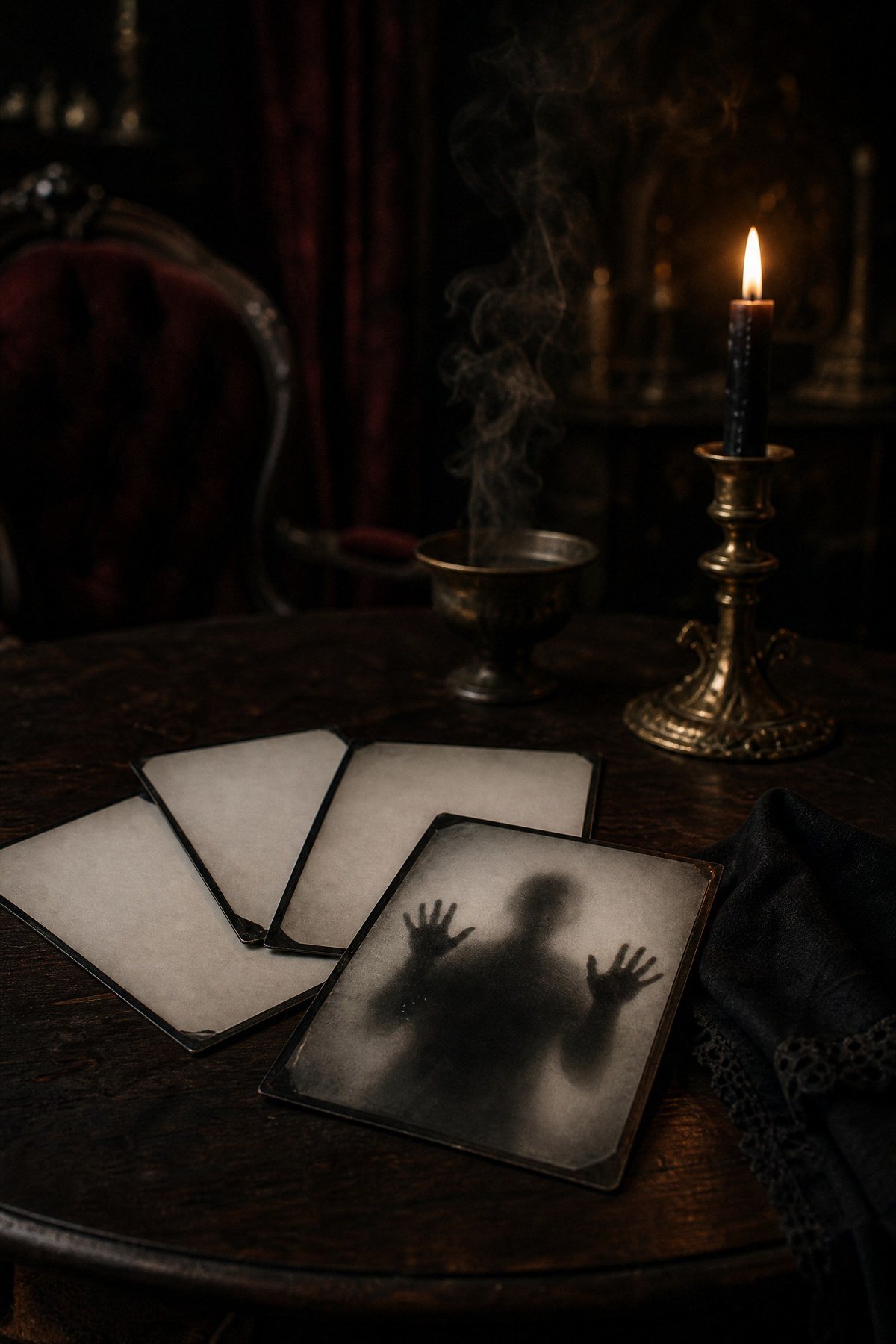 ghost-of-dr-daley-photo-plates Four photo plates on a seance table, one showing a spirit